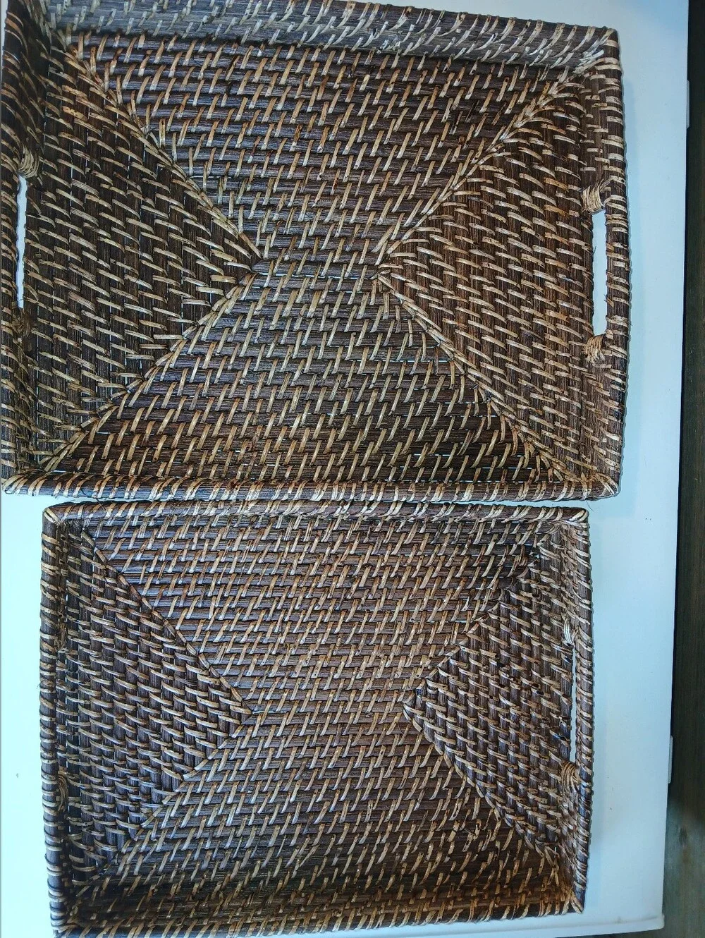 Set of Rectangular Wicker Serving Tray with Handles Woven Great Condition